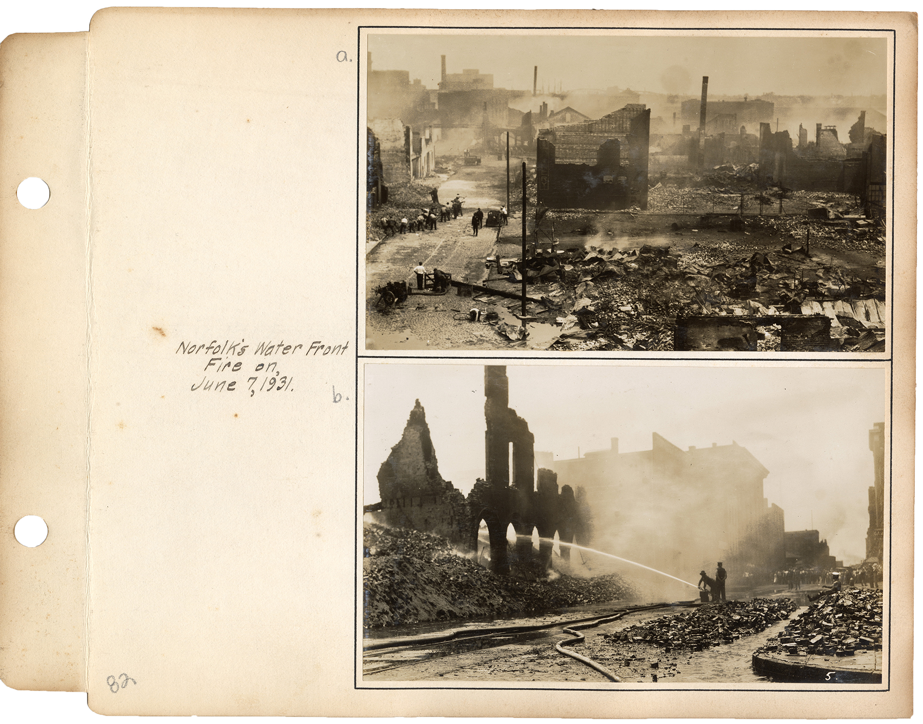 Album page with two photos showing fire-damaged buildings